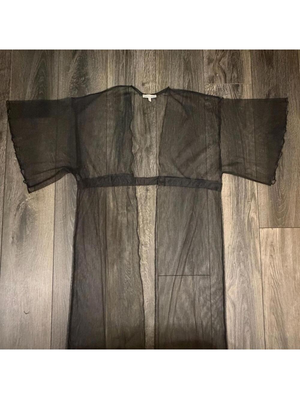 Charlotte Russe Black Sheer Mesh Maxi Duster Kimono Dress Medium Lettuce Ruffle - Picture 7 of 12